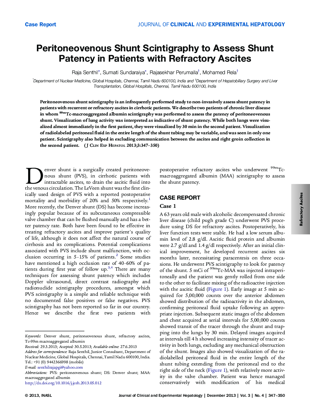 Peritoneovenous Shunt Scintigraphy to Assess Shunt Patency in Patients with Refractory Ascites