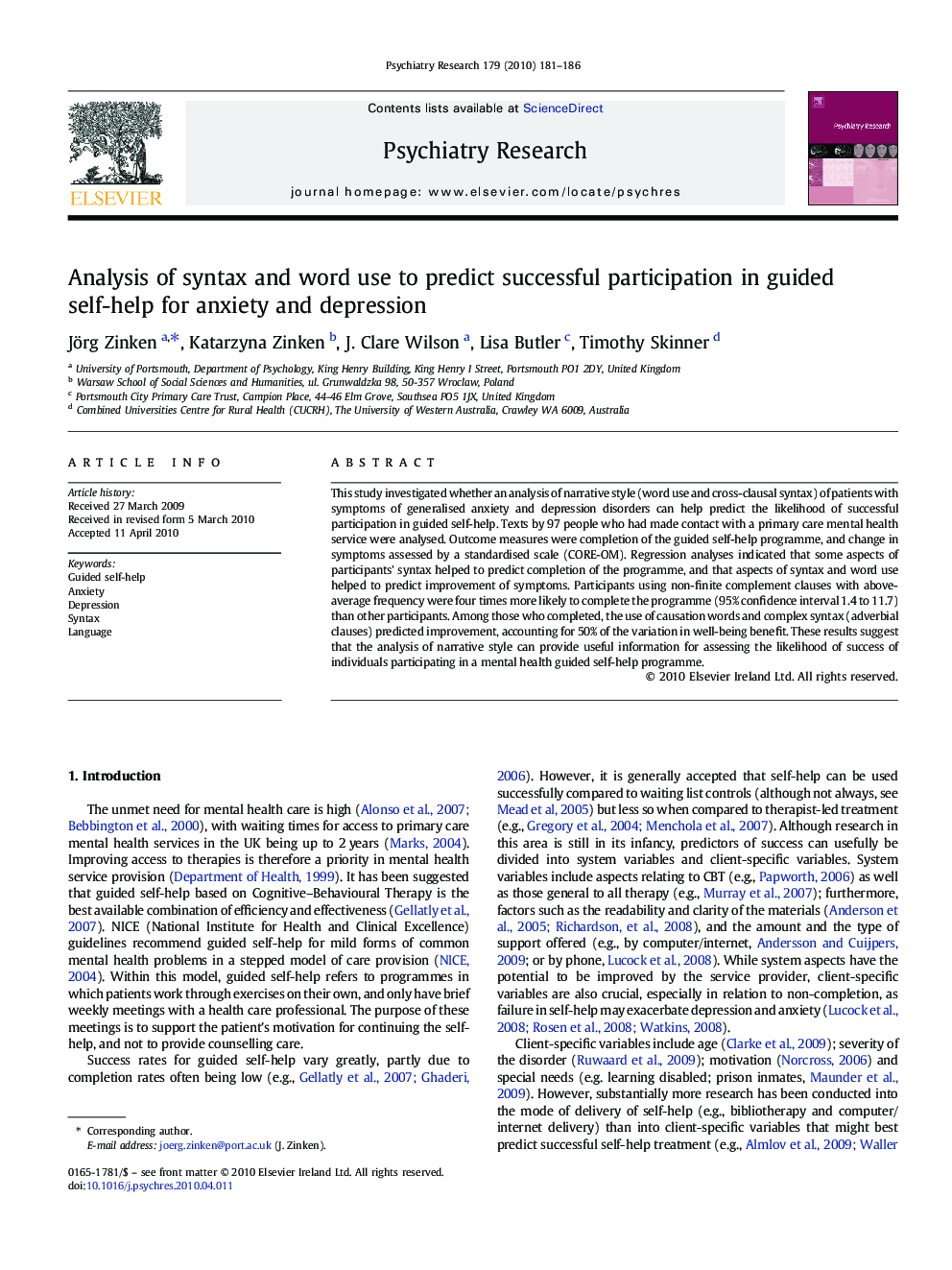 Analysis of syntax and word use to predict successful participation in guided self-help for anxiety and depression