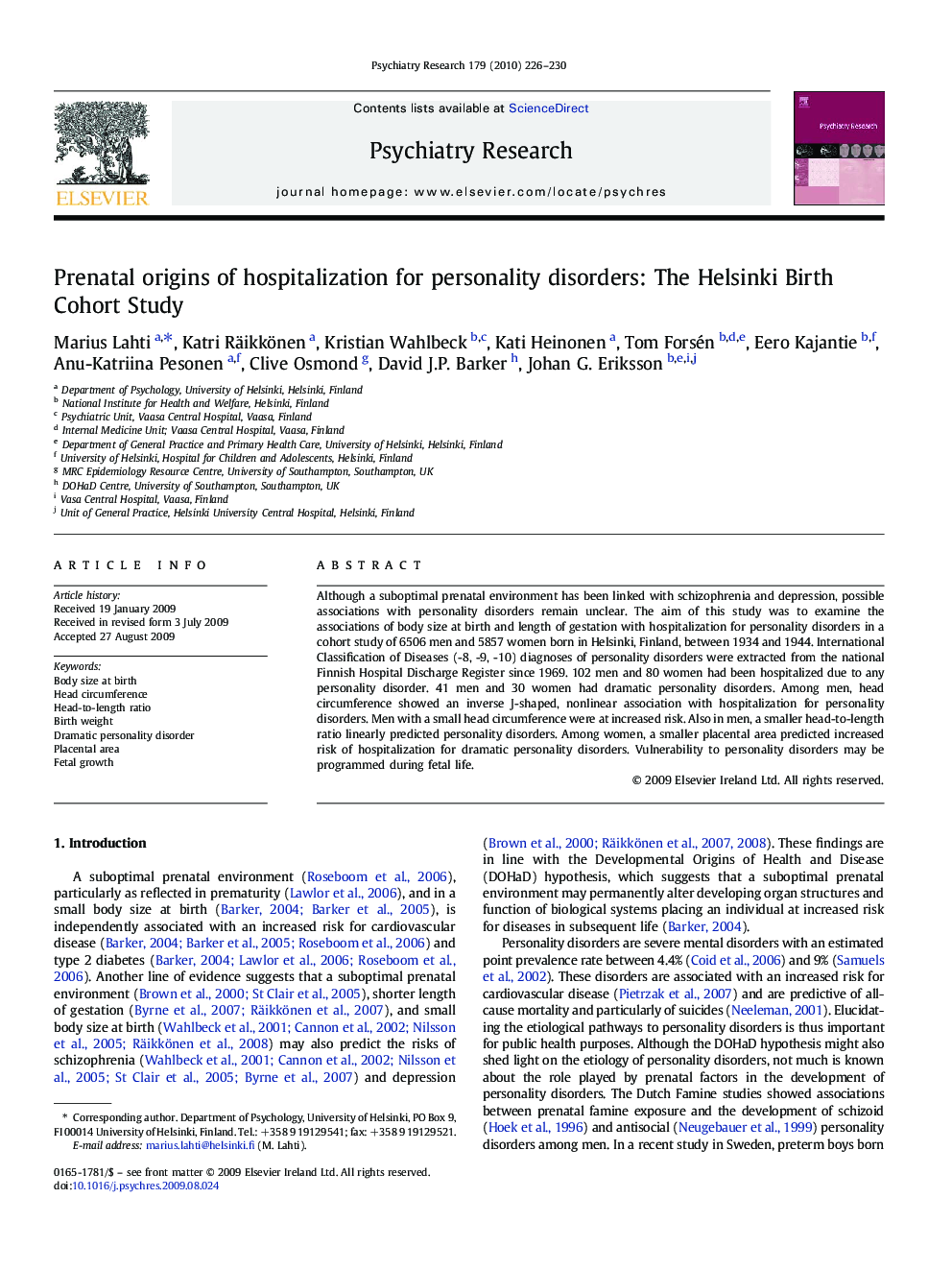 Prenatal origins of hospitalization for personality disorders: The Helsinki Birth Cohort Study