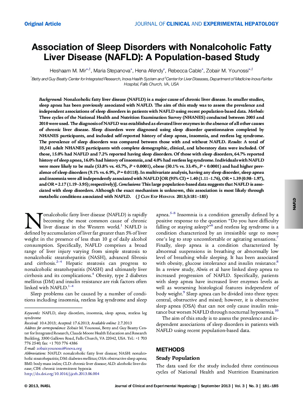 Association of Sleep Disorders with Nonalcoholic Fatty Liver Disease (NAFLD): A Population-based Study