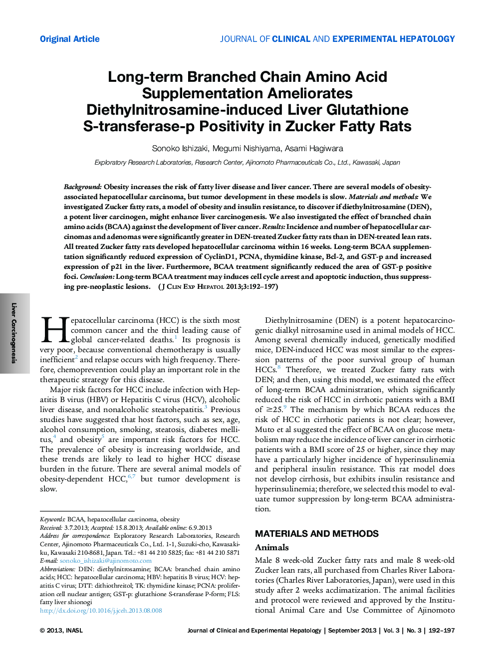 Long-term Branched Chain Amino Acid Supplementation Ameliorates Diethylnitrosamine-induced Liver Glutathione S-transferase-p Positivity in Zucker Fatty Rats