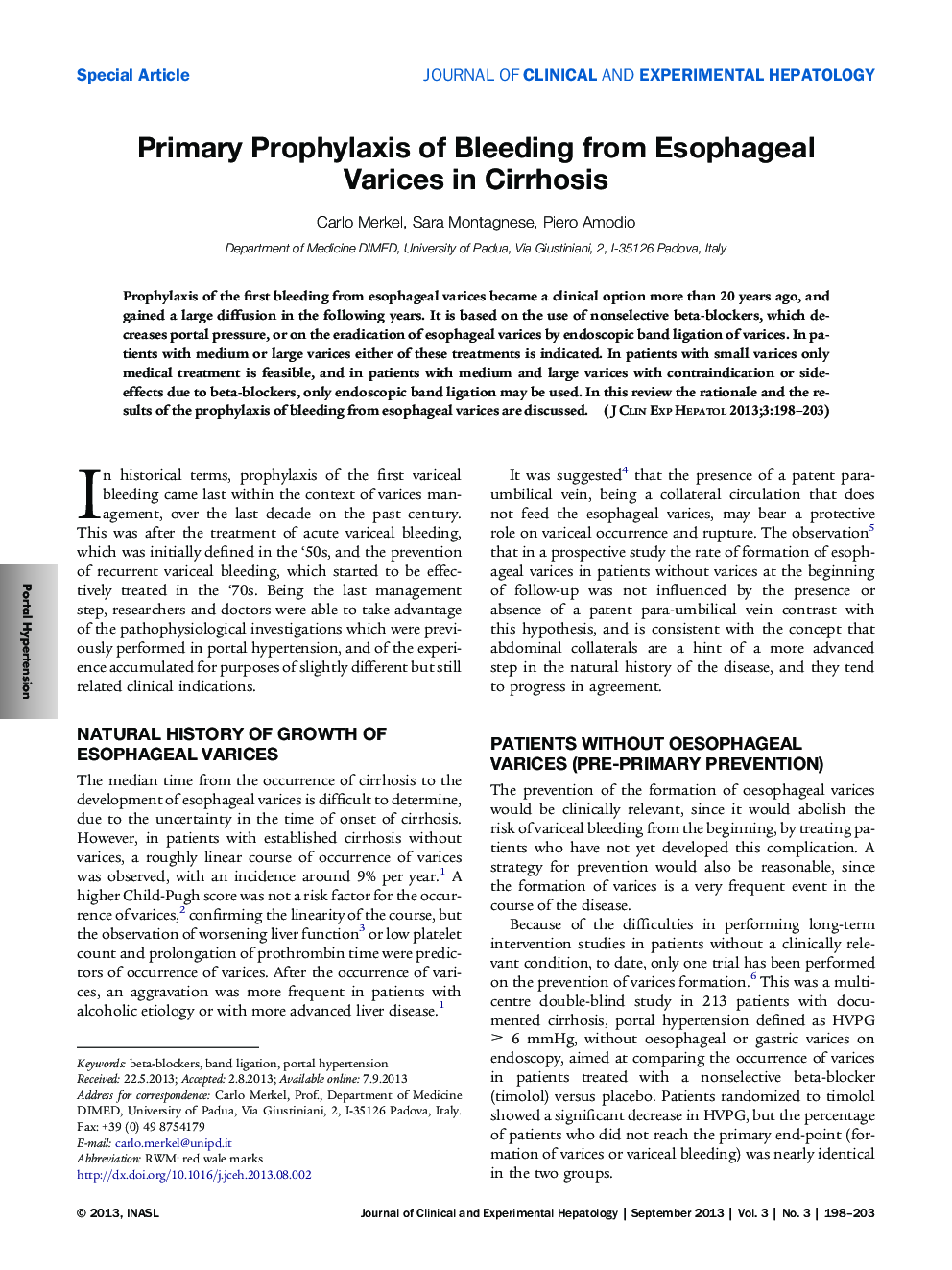 Primary Prophylaxis of Bleeding from Esophageal Varices in Cirrhosis