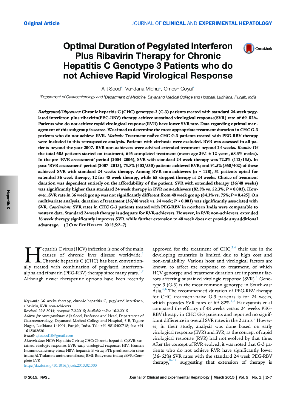 Optimal Duration of Pegylated Interferon Plus Ribavirin Therapy for Chronic Hepatitis C Genotype 3 Patients who do not Achieve Rapid Virological Response