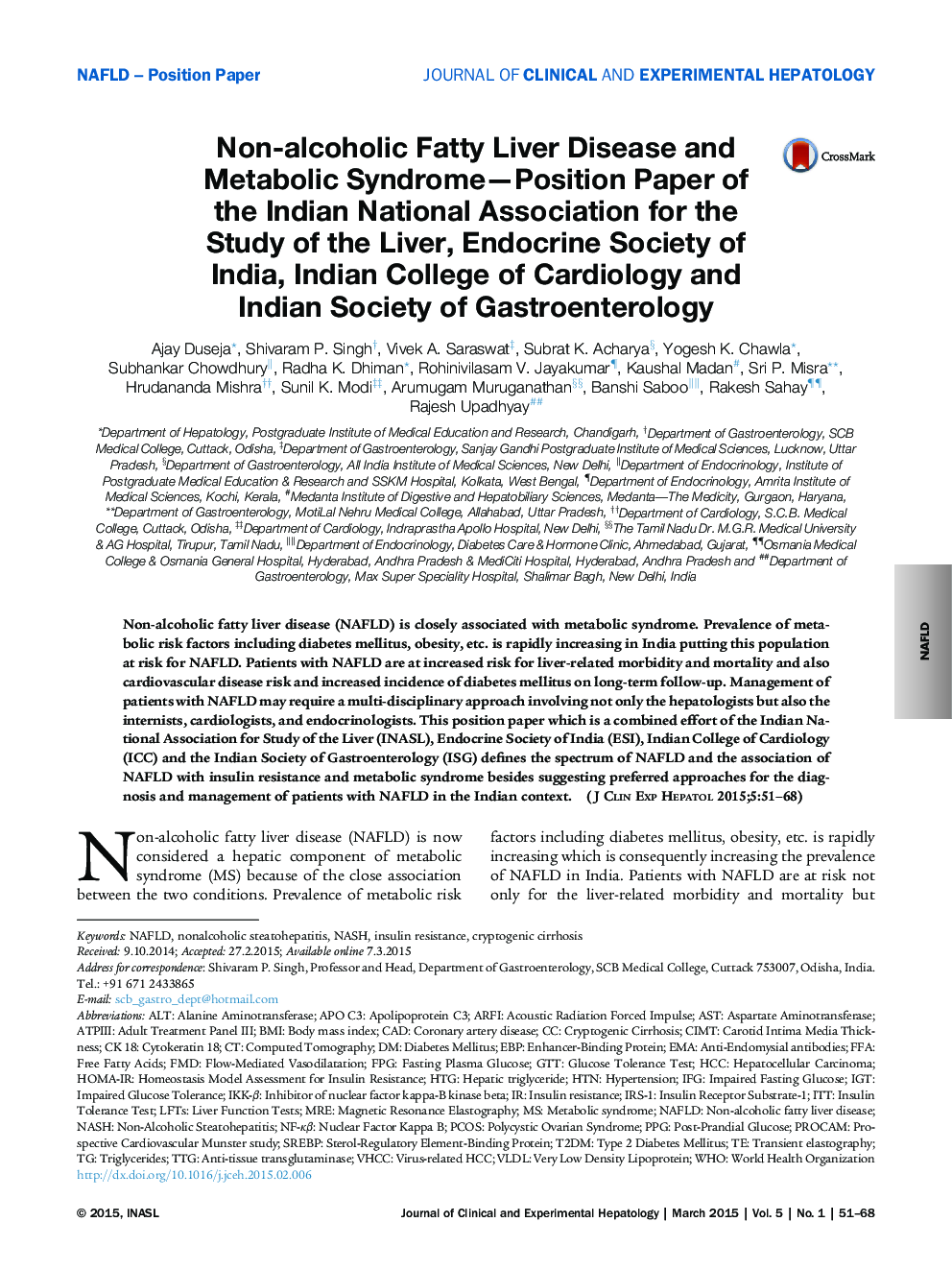 Non-alcoholic Fatty Liver Disease and Metabolic Syndrome—Position Paper of the Indian National Association for the Study of the Liver, Endocrine Society of India, Indian College of Cardiology and Indian Society of Gastroenterology