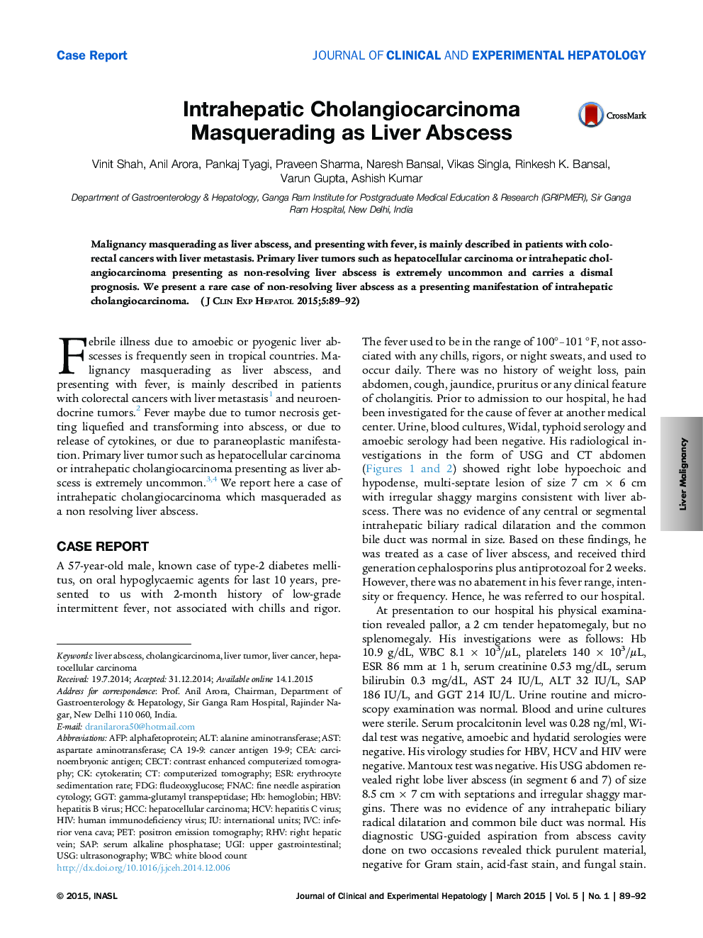 Intrahepatic Cholangiocarcinoma Masquerading as Liver Abscess