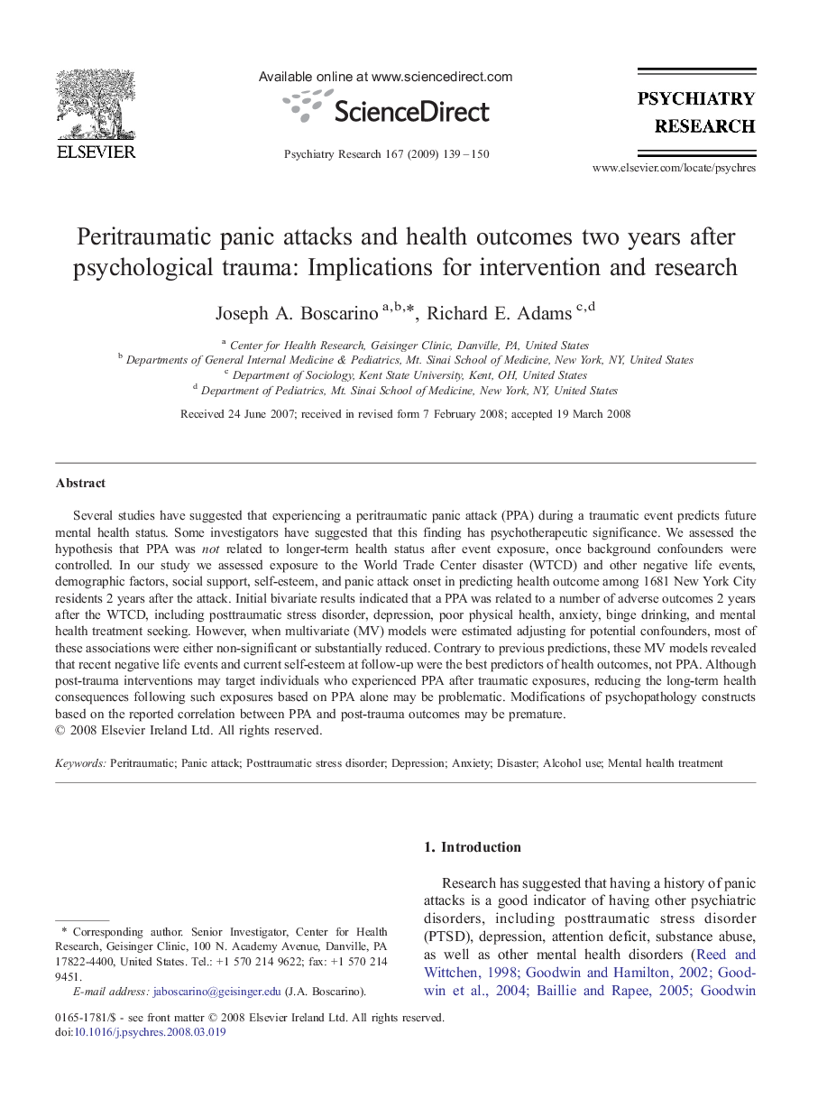 Peritraumatic panic attacks and health outcomes two years after psychological trauma: Implications for intervention and research