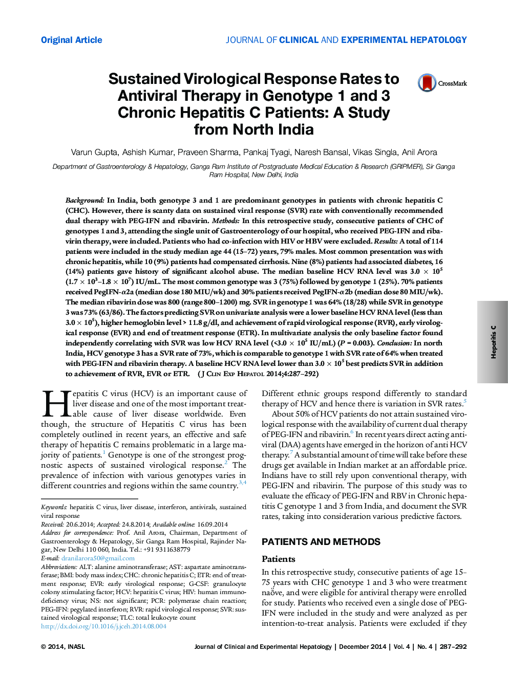 Sustained Virological Response Rates to Antiviral Therapy in Genotype 1 and 3 Chronic Hepatitis C Patients: A Study from North India