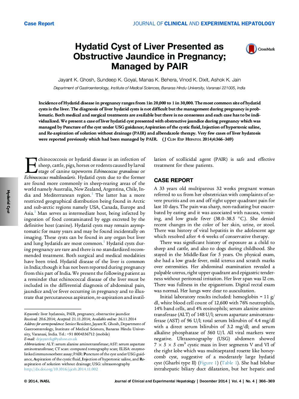 Hydatid Cyst of Liver Presented as Obstructive Jaundice in Pregnancy; Managed by PAIR