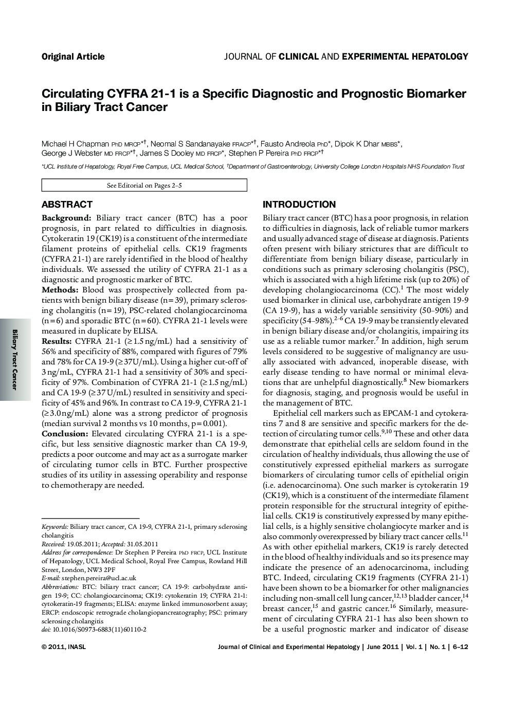 Circulating CYFRA 21-1 is a Specific Diagnostic and Prognostic Biomarker in Biliary Tract Cancer