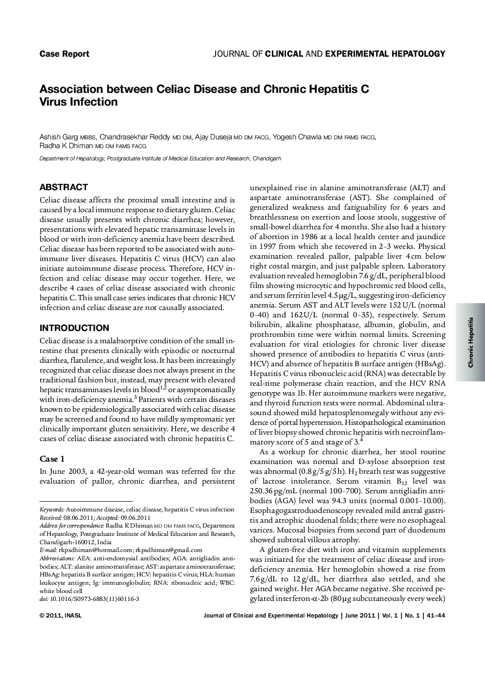 عکس صفحه اول مقاله: Association between Celiac Disease and Chronic Hepatitis C Virus Infection Association between Celiac Disease and Chronic Hepatitis C Virus Infection