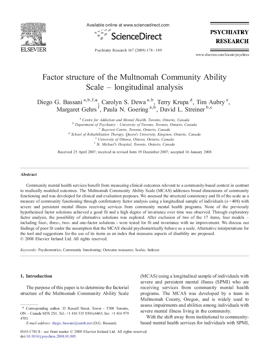 Factor structure of the Multnomah Community Ability Scale – longitudinal analysis