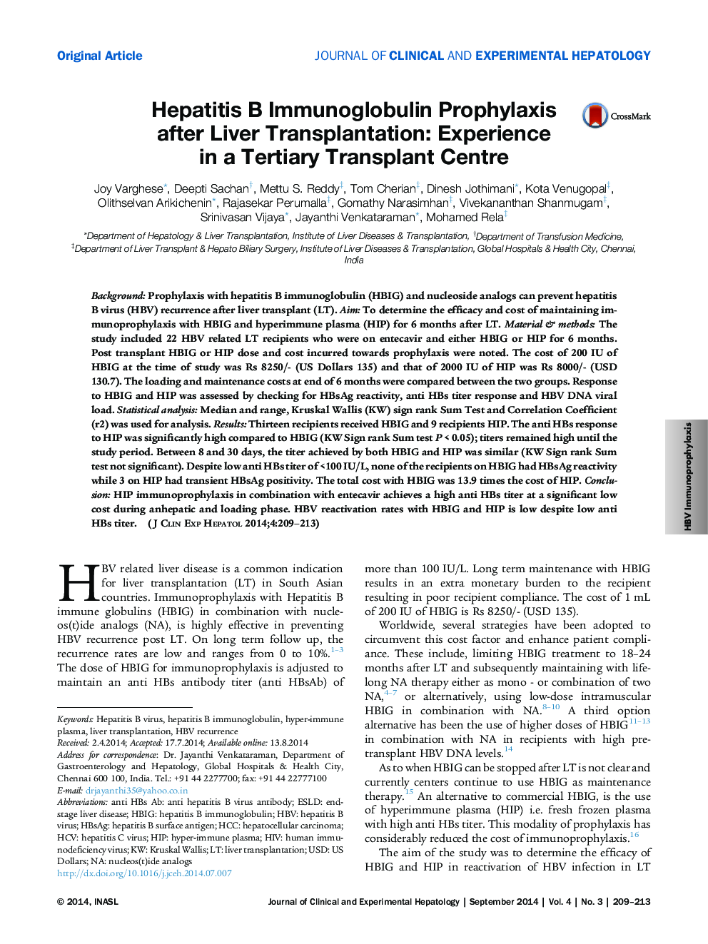 Hepatitis B Immunoglobulin Prophylaxis after Liver Transplantation: Experience in a Tertiary Transplant Centre