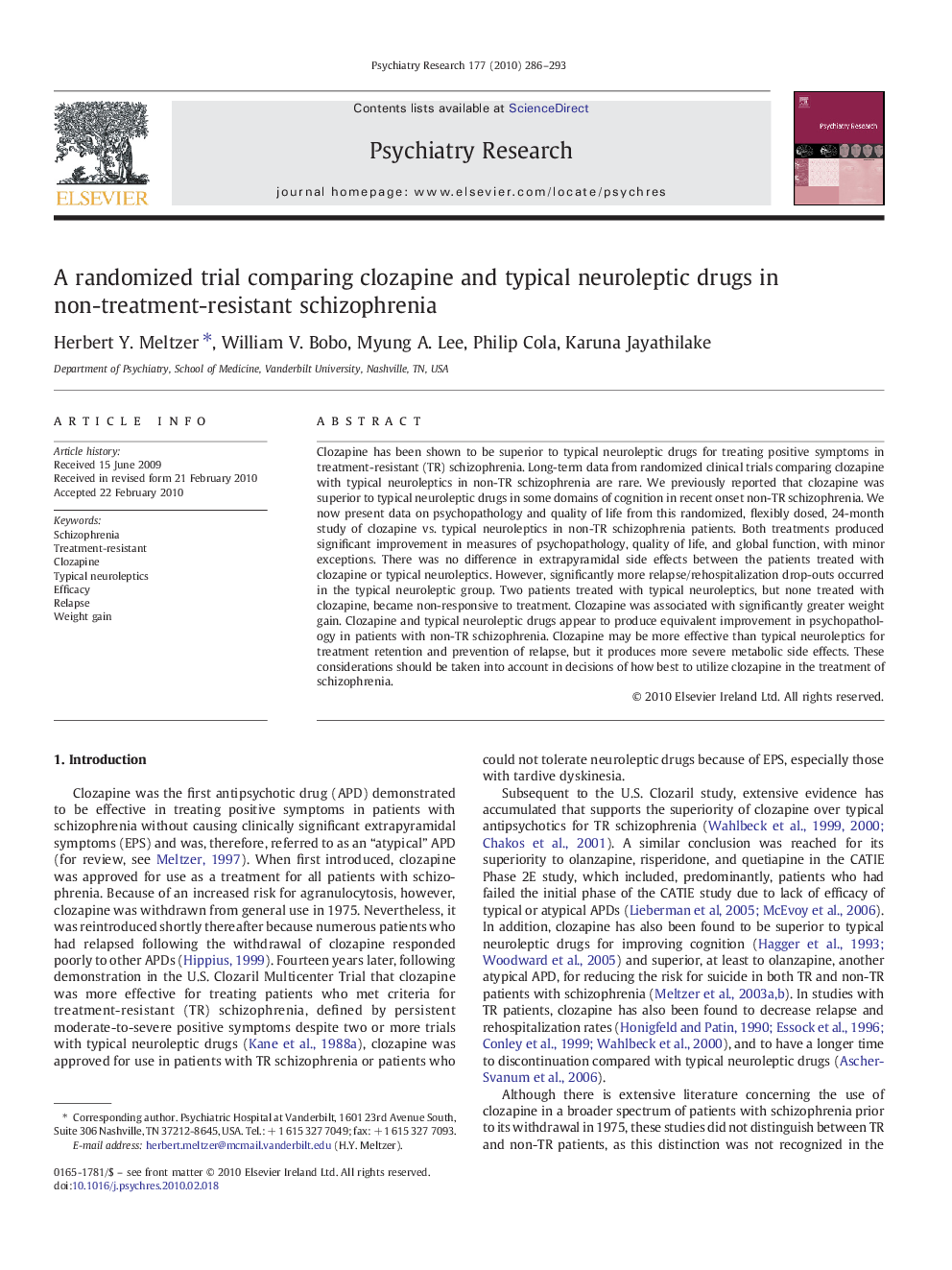 A randomized trial comparing clozapine and typical neuroleptic drugs in non-treatment-resistant schizophrenia