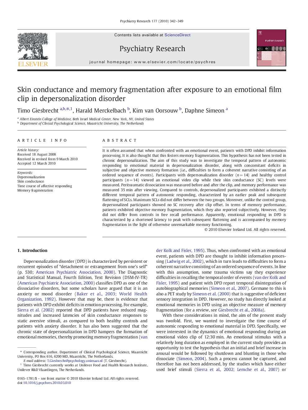 Skin conductance and memory fragmentation after exposure to an emotional film clip in depersonalization disorder