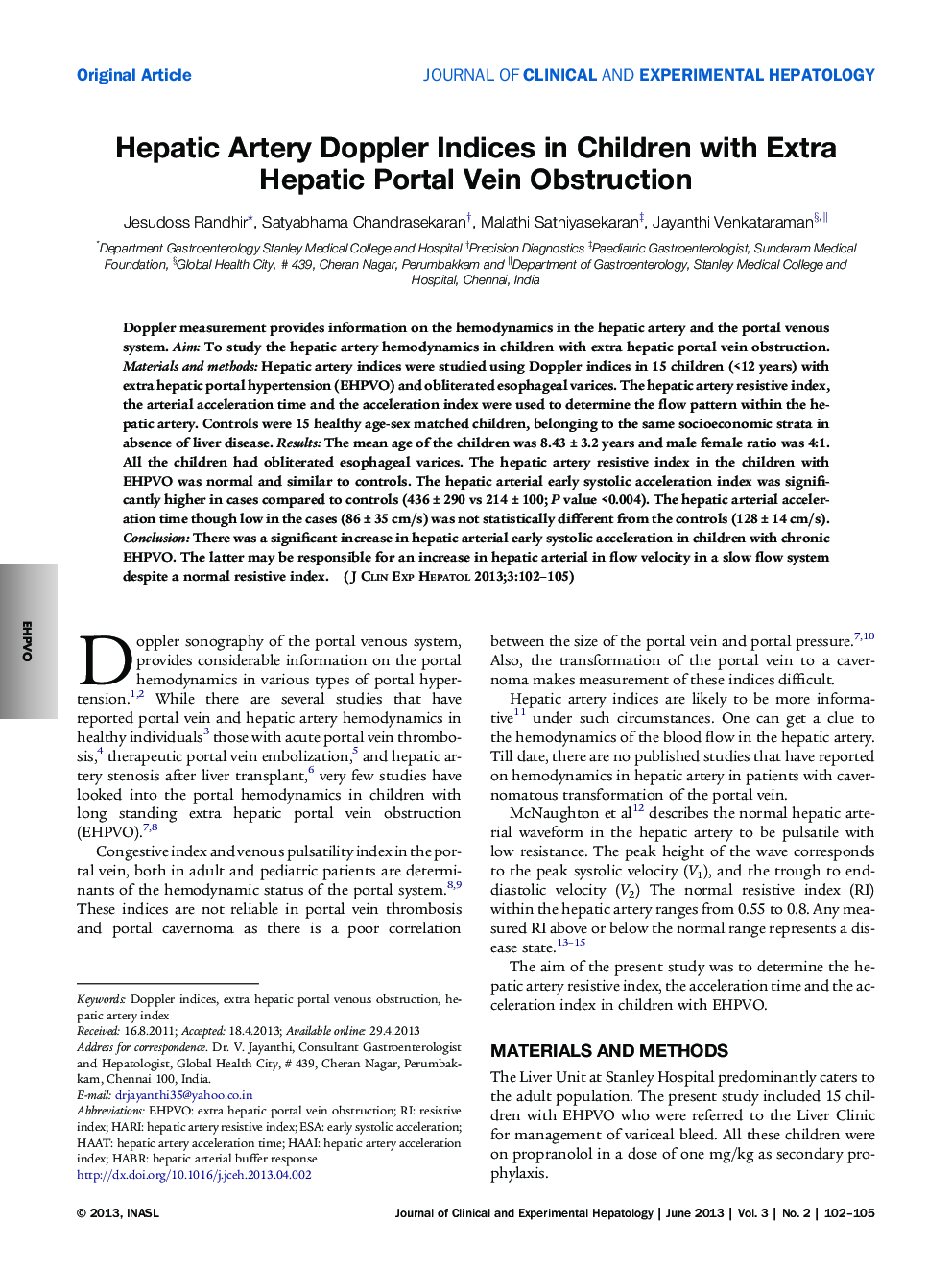 Hepatic Artery Doppler Indices in Children with Extra Hepatic Portal Vein Obstruction
