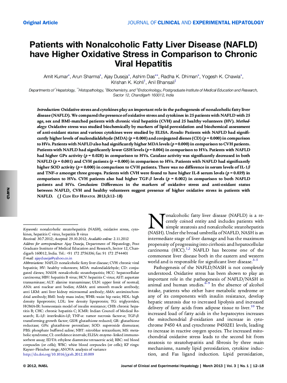 Patients with Nonalcoholic Fatty Liver Disease (NAFLD) have Higher Oxidative Stress in Comparison to Chronic Viral Hepatitis