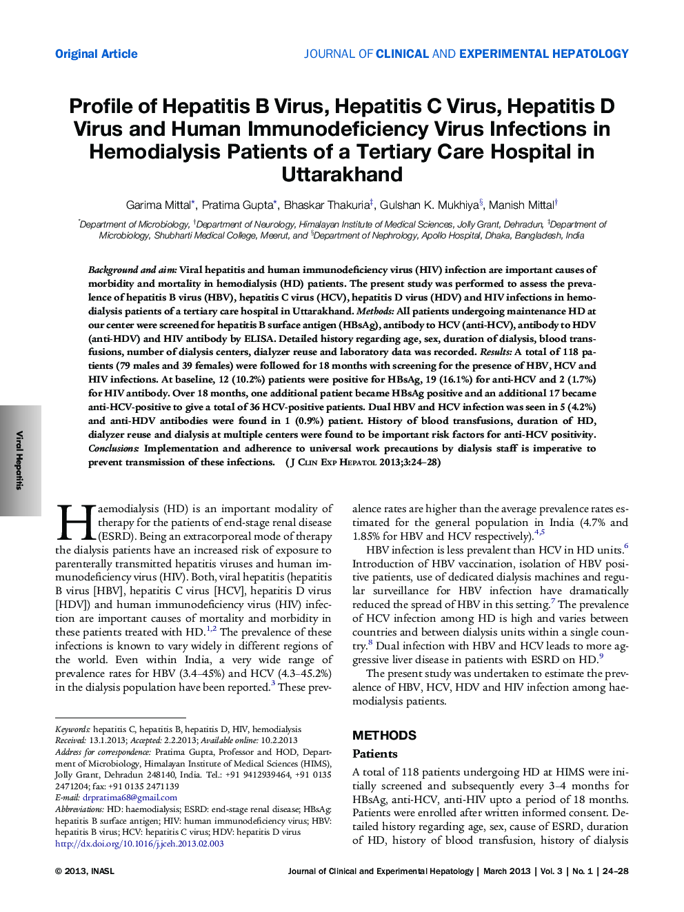 Profile of Hepatitis B Virus, Hepatitis C Virus, Hepatitis D Virus and Human Immunodeficiency Virus Infections in Hemodialysis Patients of a Tertiary Care Hospital in Uttarakhand