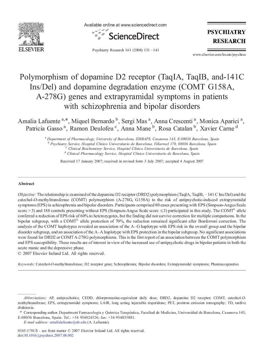 Polymorphism of dopamine D2 receptor (TaqIA, TaqIB, and-141C Ins/Del) and dopamine degradation enzyme (COMT G158A, A-278G) genes and extrapyramidal symptoms in patients with schizophrenia and bipolar disorders