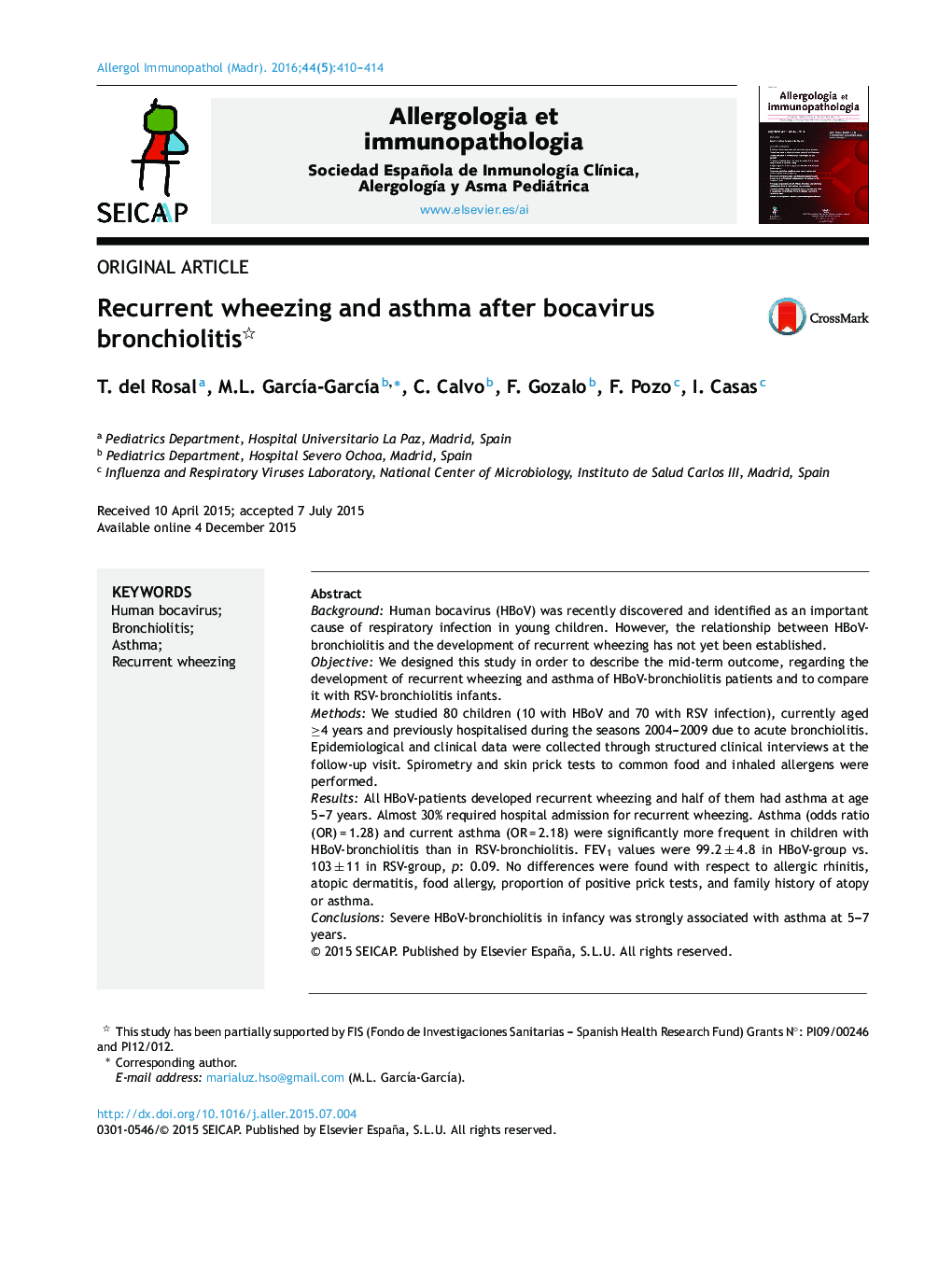 Recurrent wheezing and asthma after bocavirus bronchiolitis 