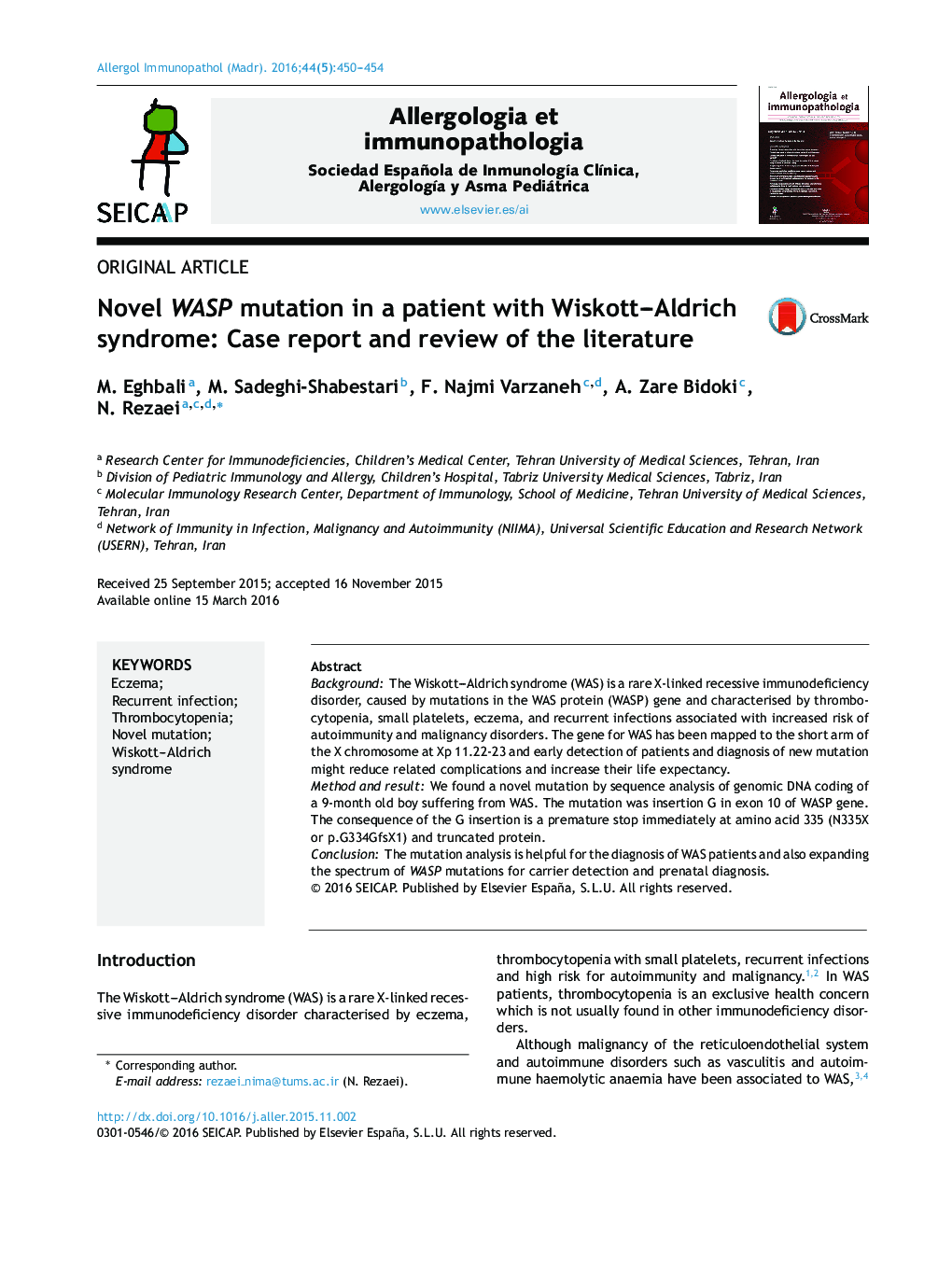 Novel WASP mutation in a patient with Wiskott–Aldrich syndrome: Case report and review of the literature