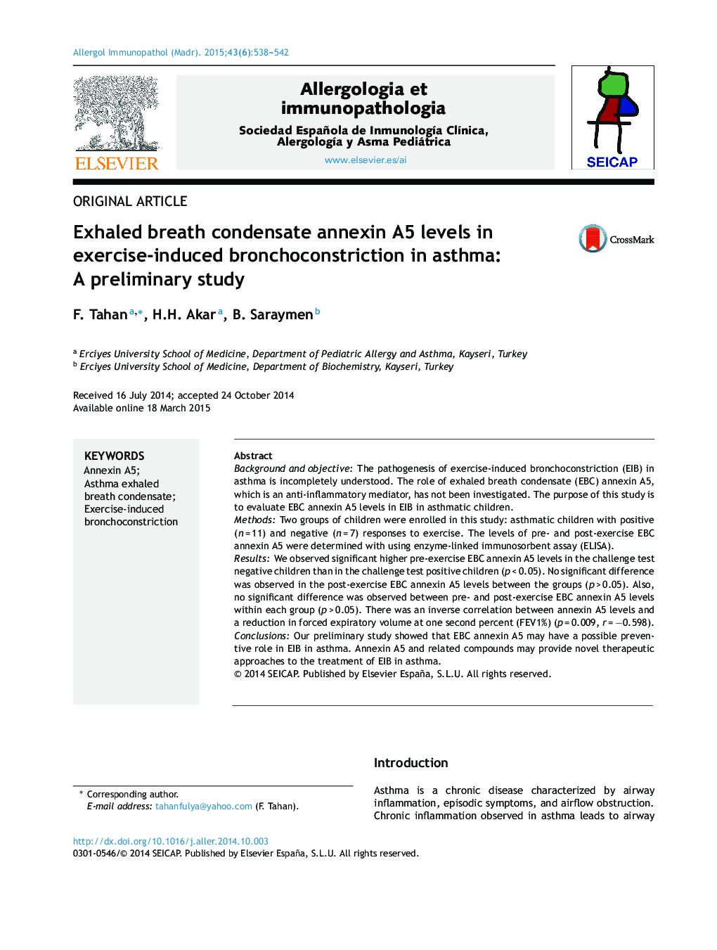 Exhaled breath condensate annexin A5 levels in exercise-induced bronchoconstriction in asthma: A preliminary study