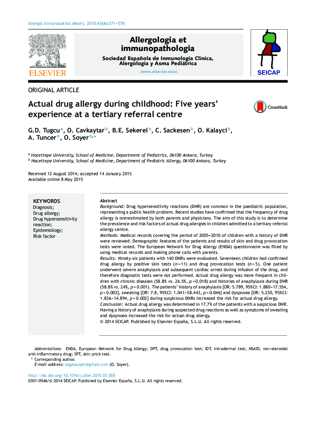 Actual drug allergy during childhood: Five years’ experience at a tertiary referral centre