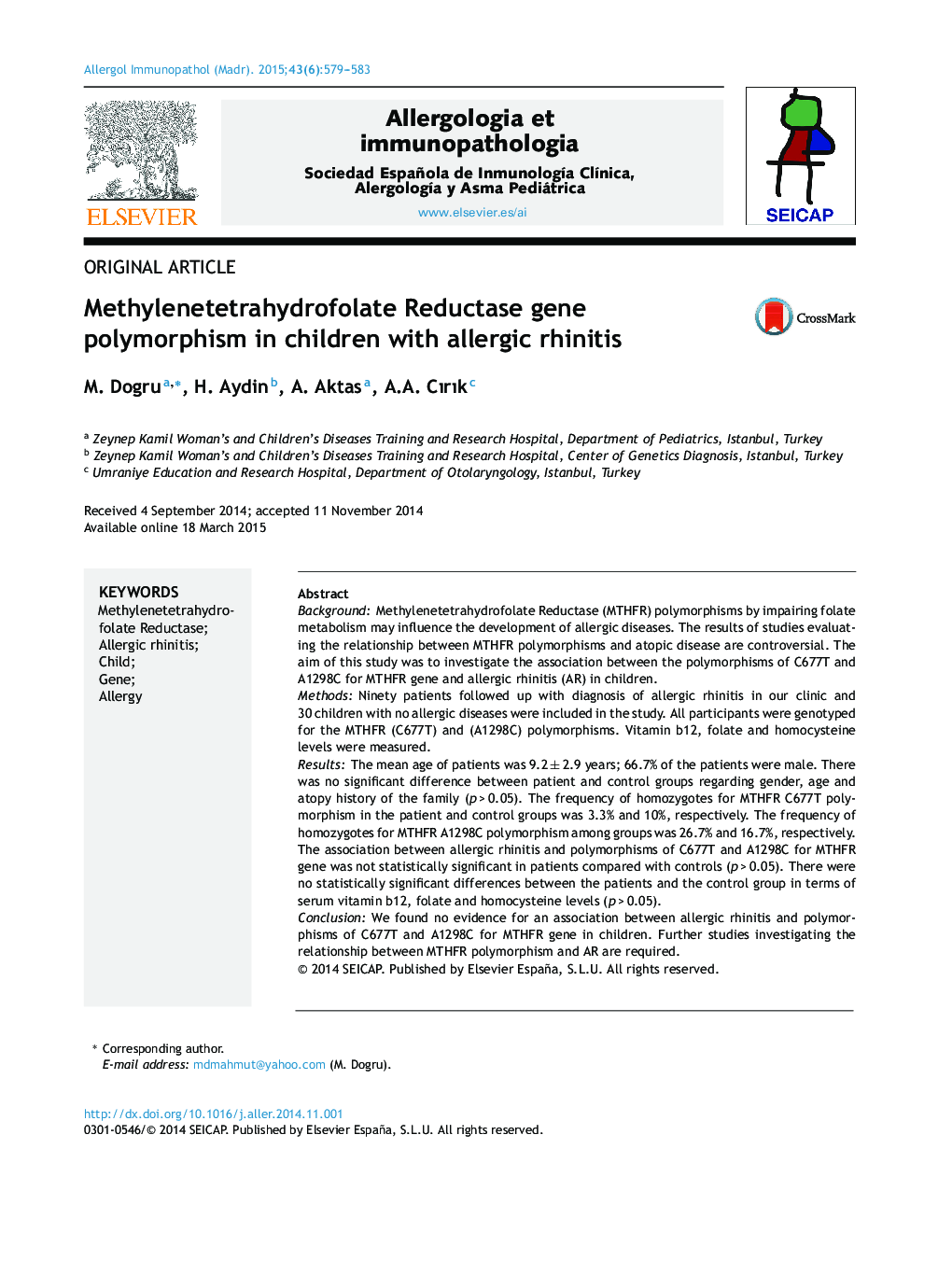 Methylenetetrahydrofolate Reductase gene polymorphism in children with allergic rhinitis