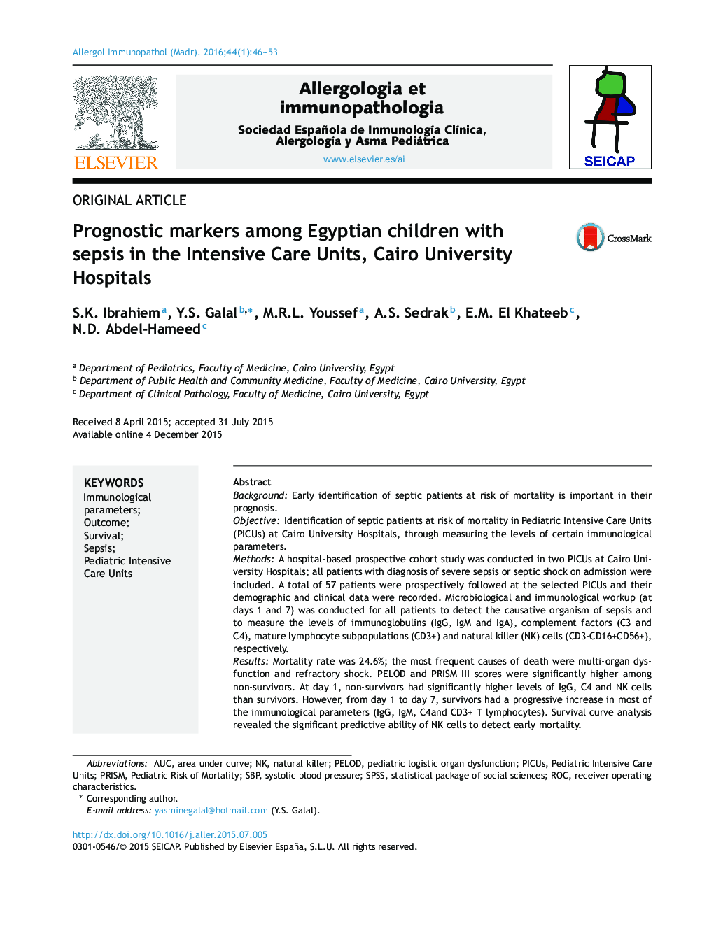 Prognostic markers among Egyptian children with sepsis in the Intensive Care Units, Cairo University Hospitals