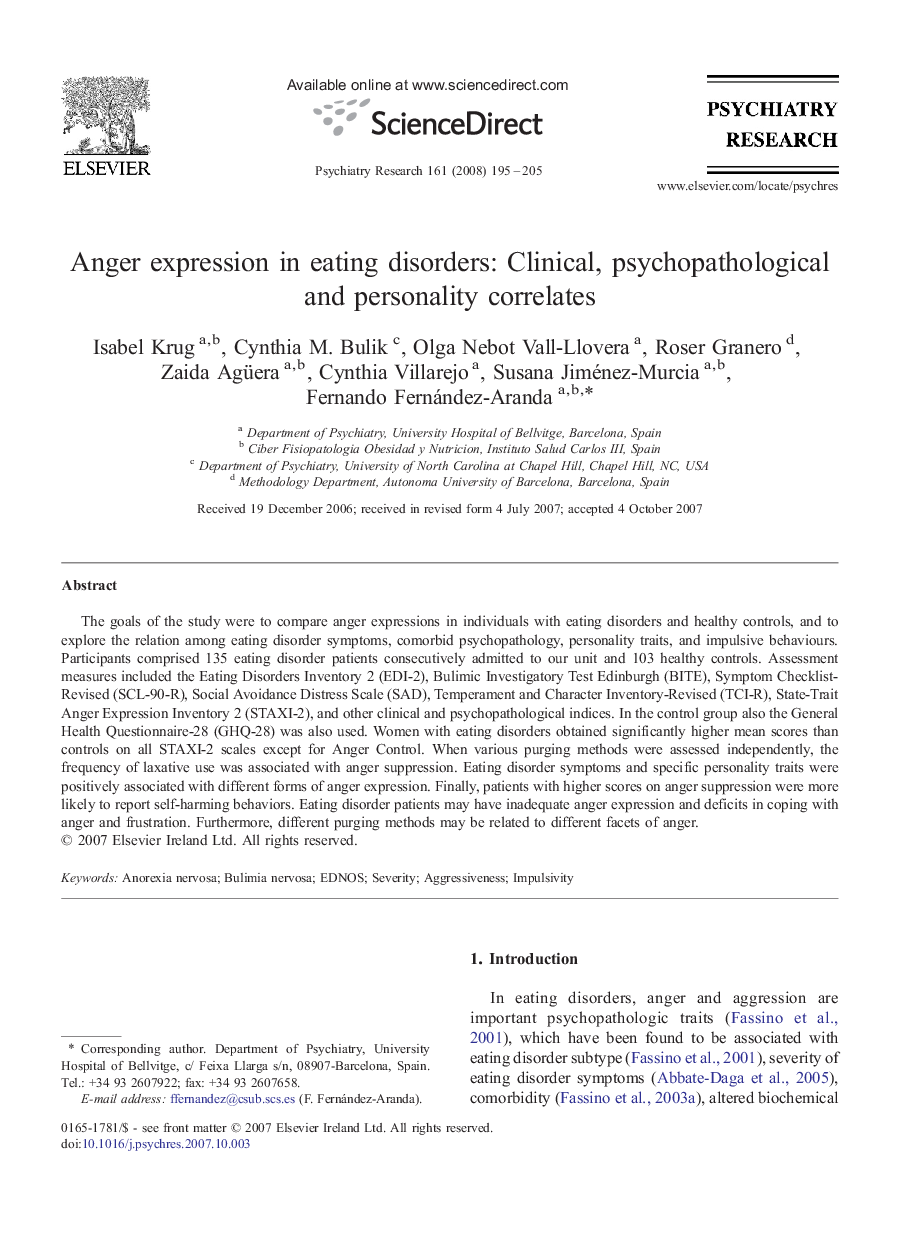 Anger expression in eating disorders: Clinical, psychopathological and personality correlates