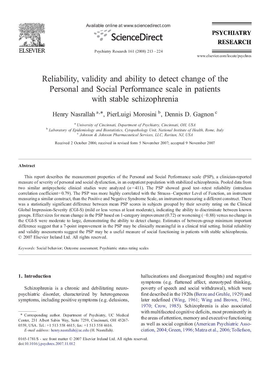 Reliability, validity and ability to detect change of the Personal and Social Performance scale in patients with stable schizophrenia