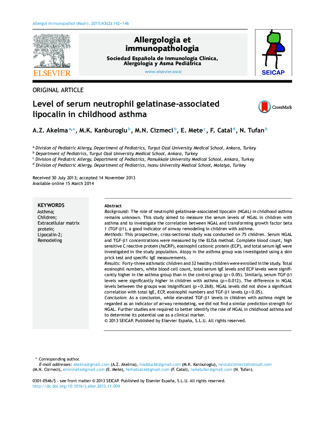 Level of serum neutrophil gelatinase-associated lipocalin in childhood asthma