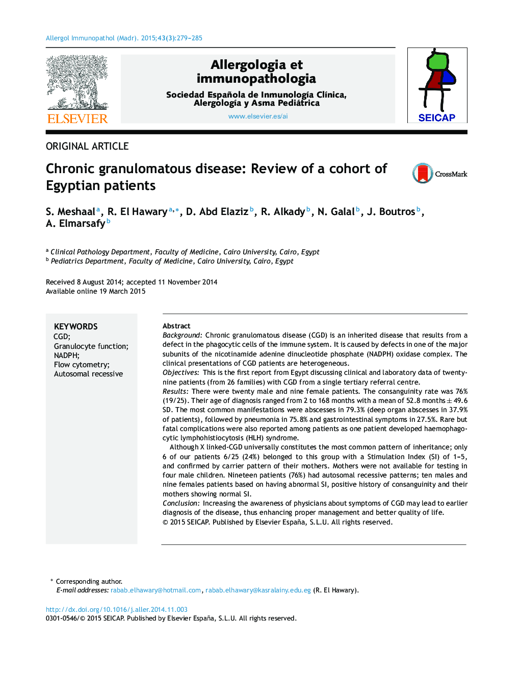 Chronic granulomatous disease: Review of a cohort of Egyptian patients