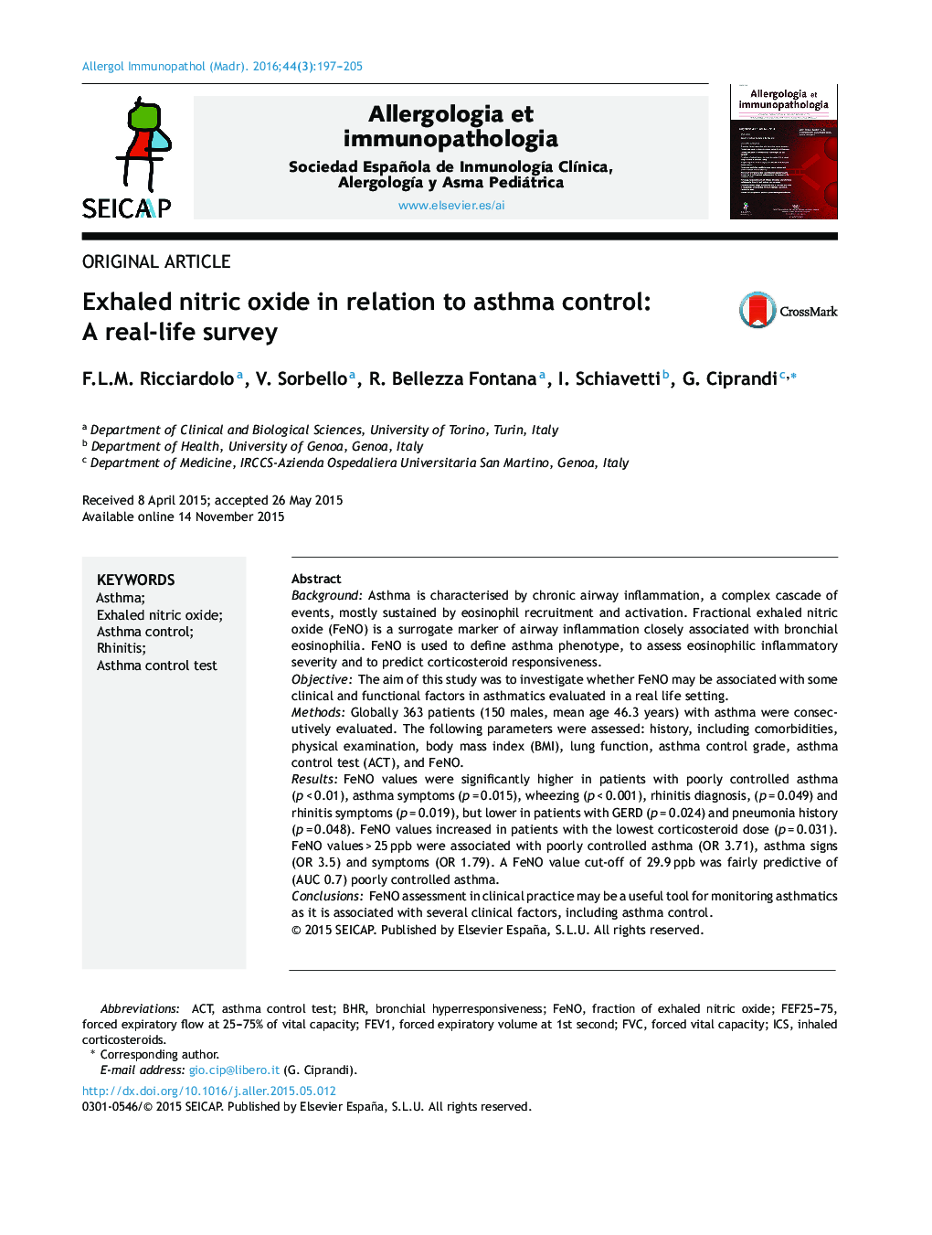 Exhaled nitric oxide in relation to asthma control: A real-life survey