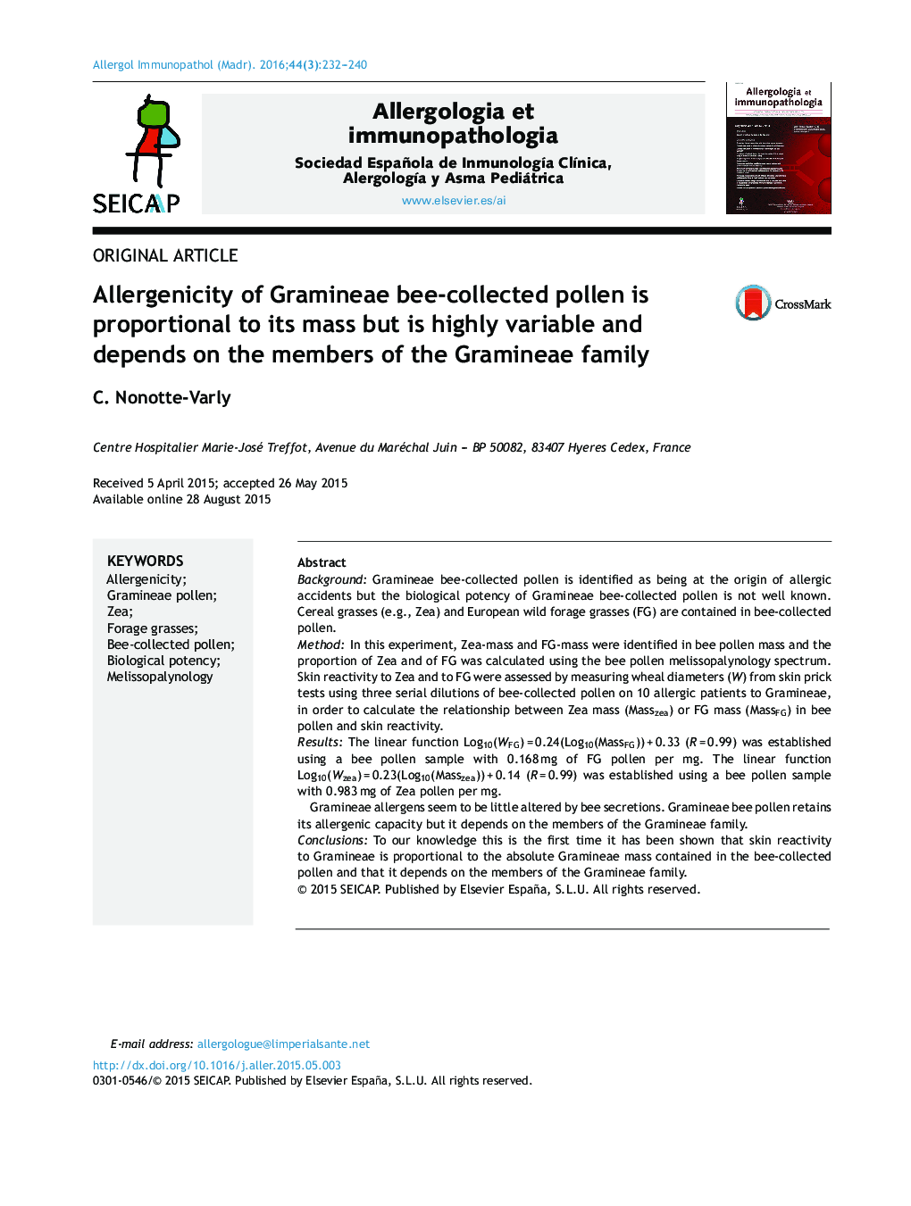 Allergenicity of Gramineae bee-collected pollen is proportional to its mass but is highly variable and depends on the members of the Gramineae family