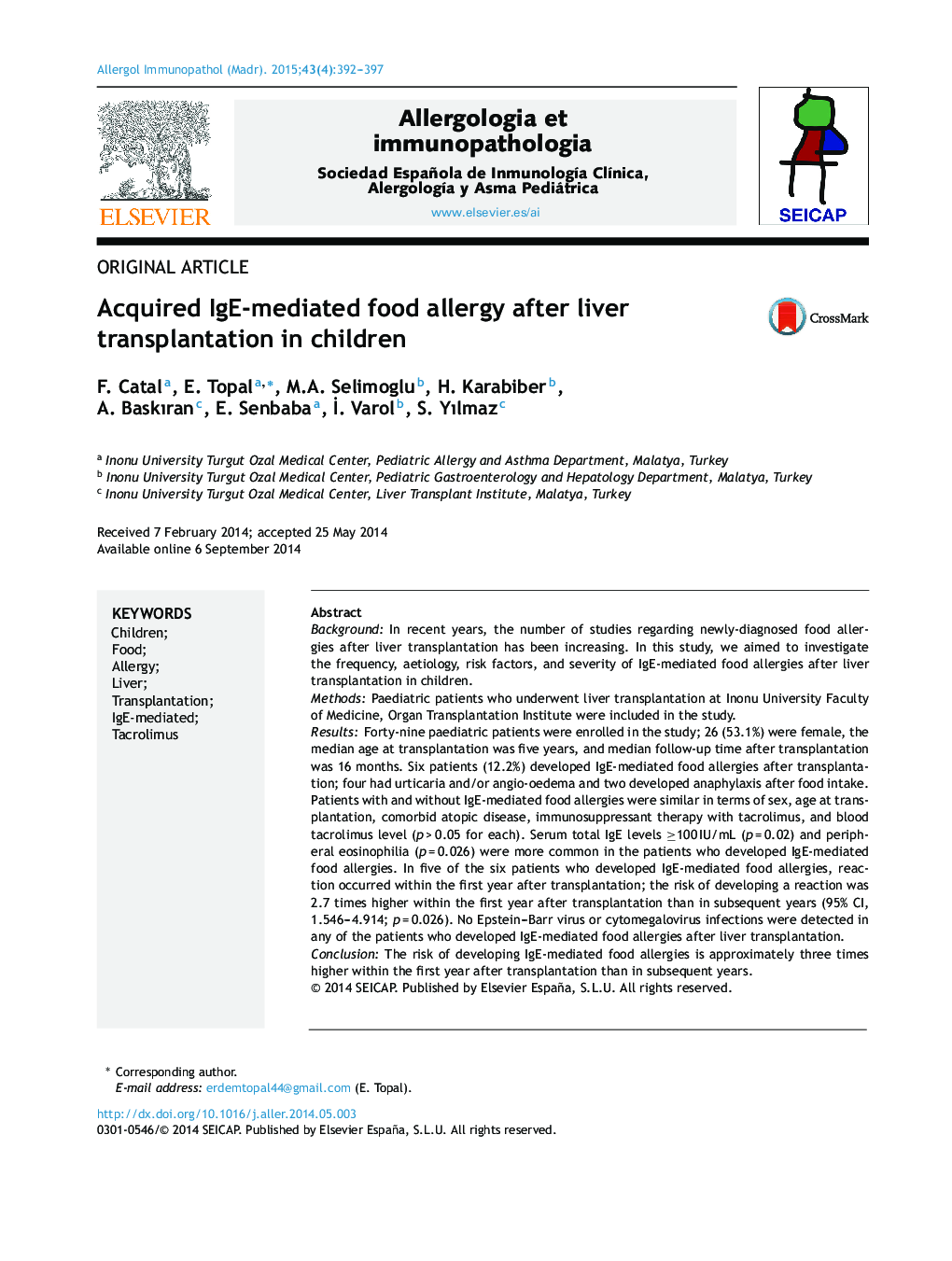 Acquired IgE-mediated food allergy after liver transplantation in children