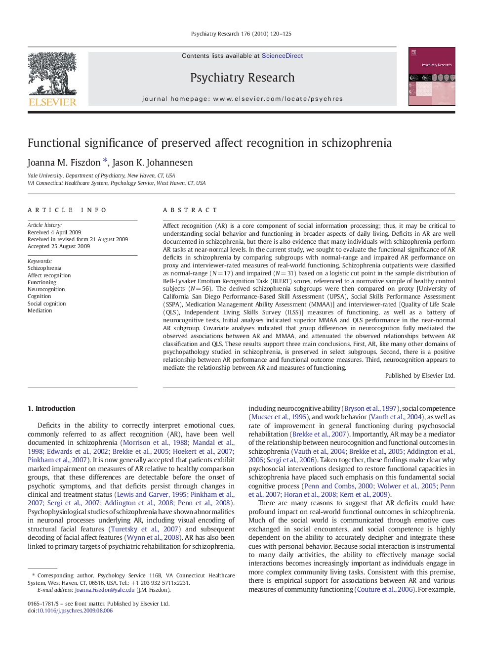 Functional significance of preserved affect recognition in schizophrenia