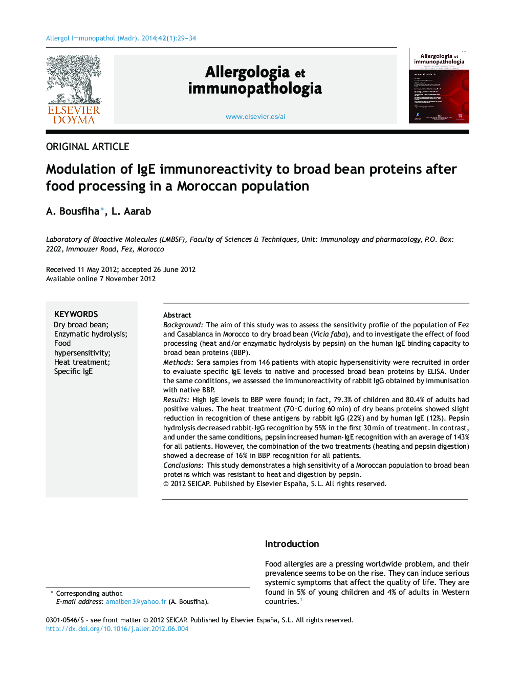 Modulation of IgE immunoreactivity to broad bean proteins after food processing in a Moroccan population