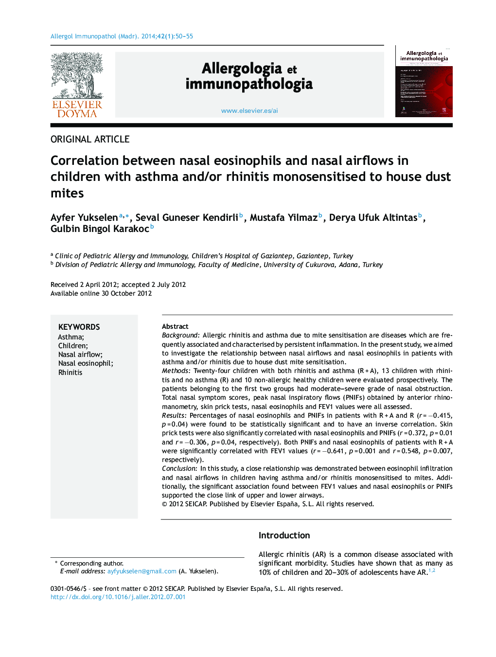 Correlation between nasal eosinophils and nasal airflows in children with asthma and/or rhinitis monosensitised to house dust mites