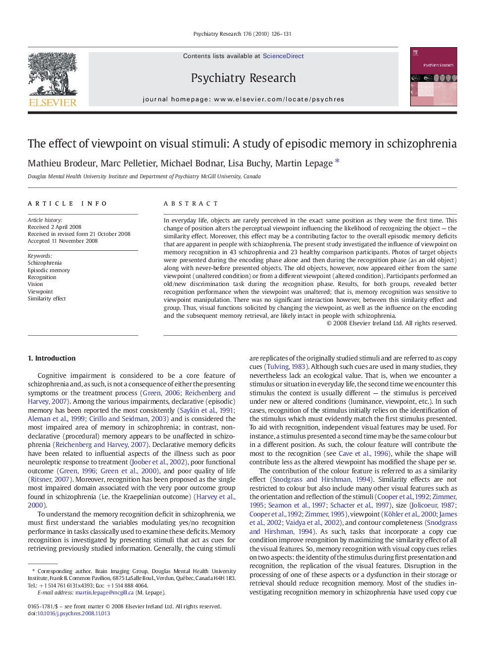 The effect of viewpoint on visual stimuli: A study of episodic memory in schizophrenia