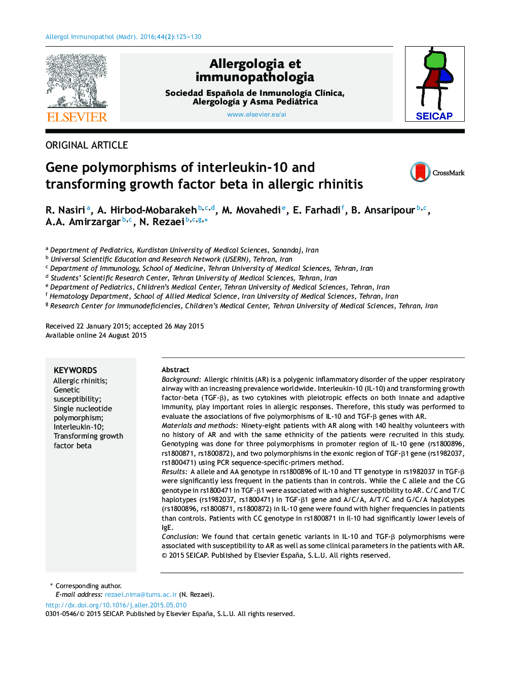 Gene polymorphisms of interleukin-10 and transforming growth factor beta in allergic rhinitis