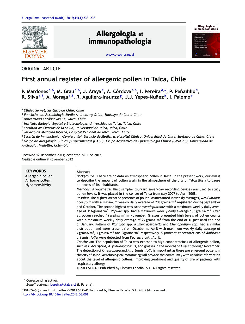 First annual register of allergenic pollen in Talca, Chile