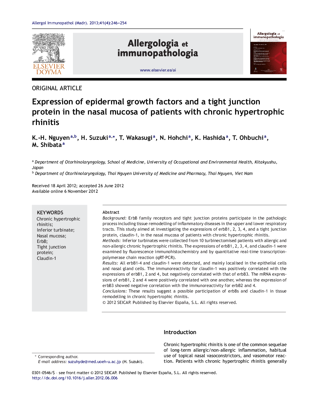 Expression of epidermal growth factors and a tight junction protein in the nasal mucosa of patients with chronic hypertrophic rhinitis