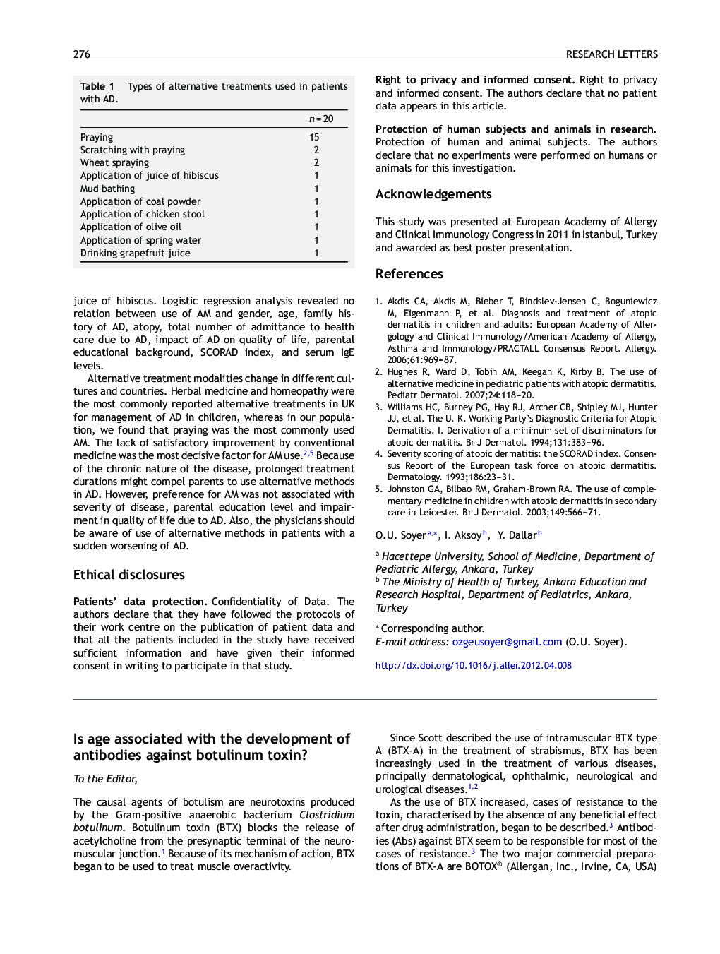 Is age associated with the development of antibodies against botulinum toxin?