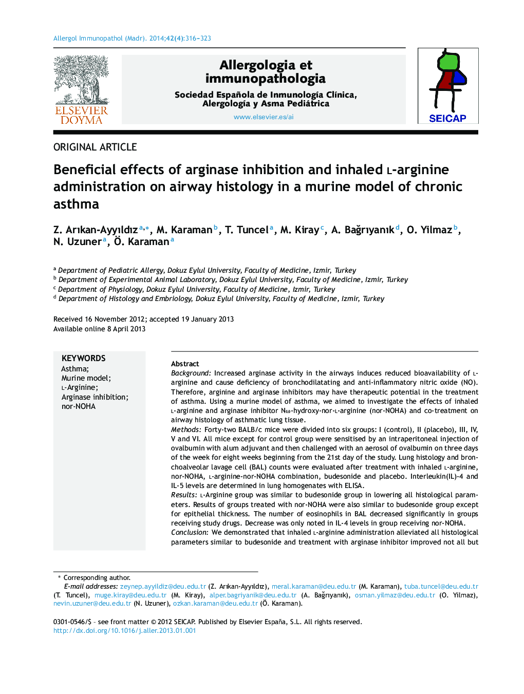 Beneficial effects of arginase inhibition and inhaled l-arginine administration on airway histology in a murine model of chronic asthma