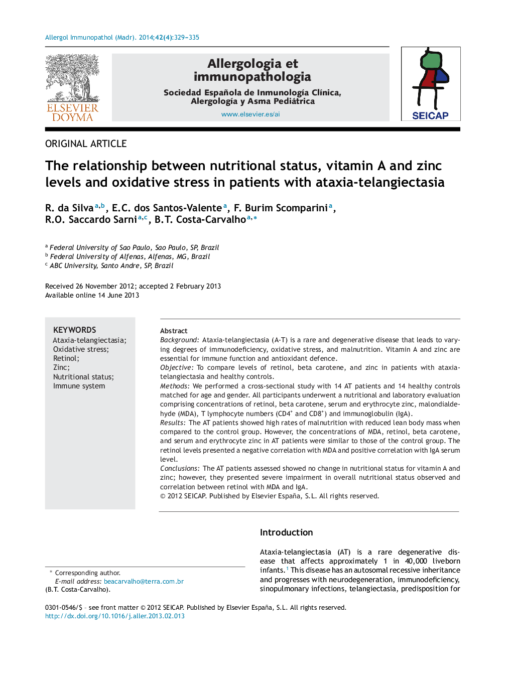 The relationship between nutritional status, vitamin A and zinc levels and oxidative stress in patients with ataxia-telangiectasia