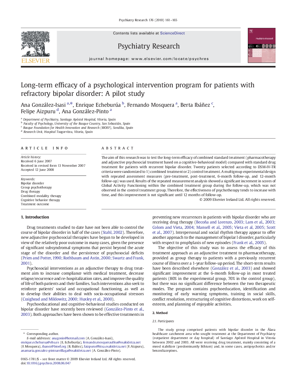 Long-term efficacy of a psychological intervention program for patients with refractory bipolar disorder: A pilot study