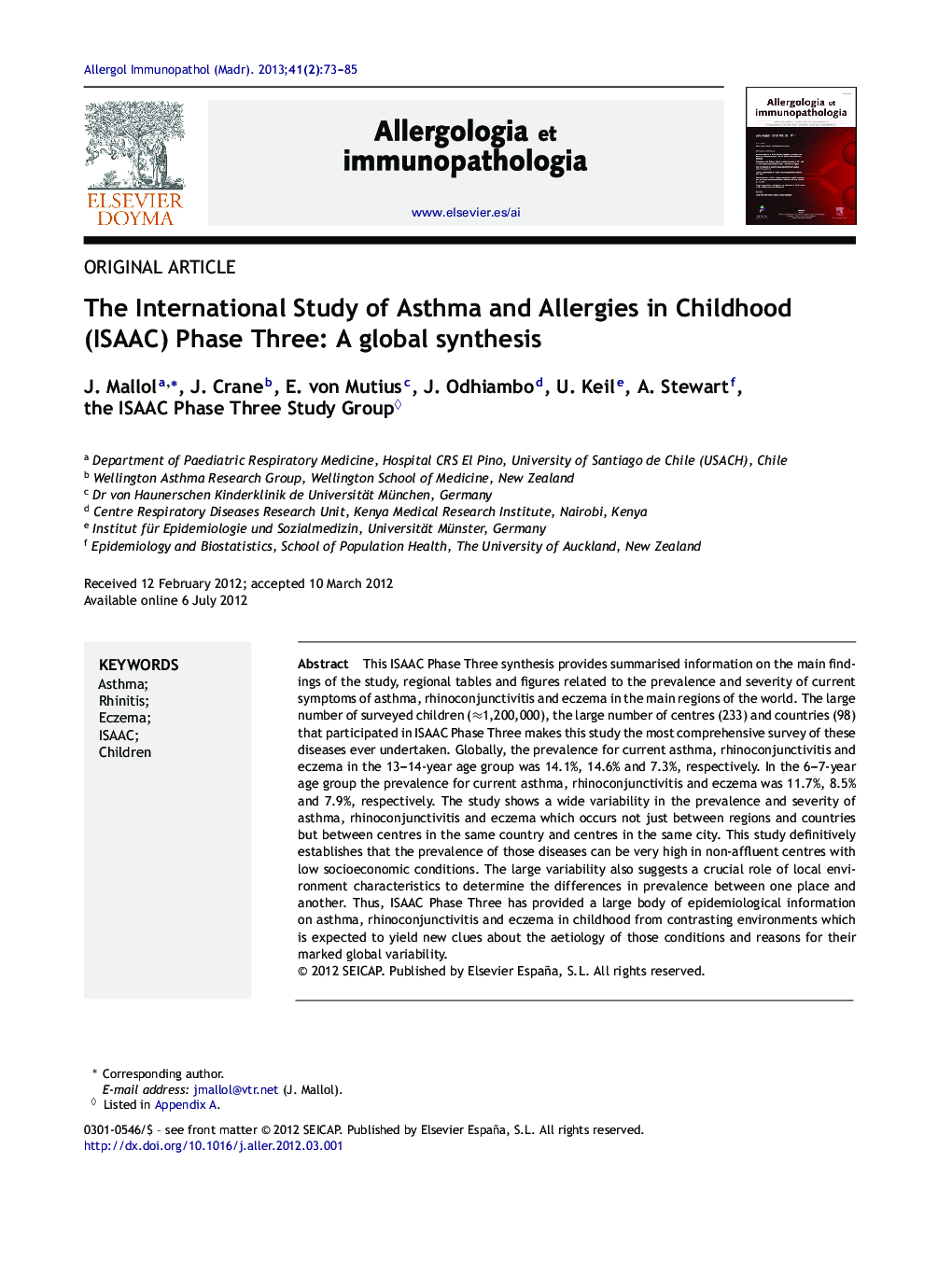 The International Study of Asthma and Allergies in Childhood (ISAAC) Phase Three: A global synthesis