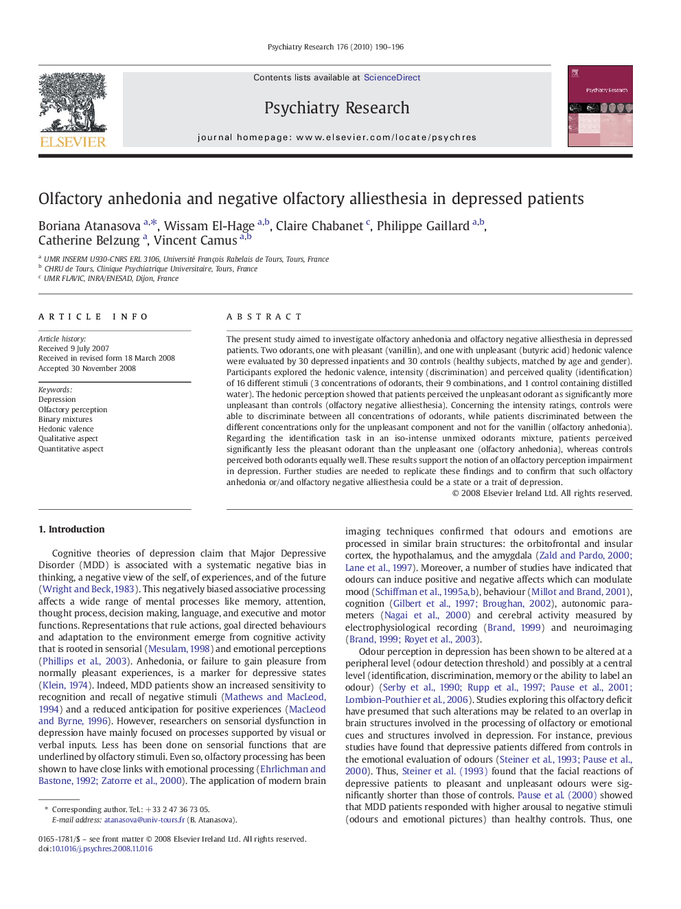 Olfactory anhedonia and negative olfactory alliesthesia in depressed patients