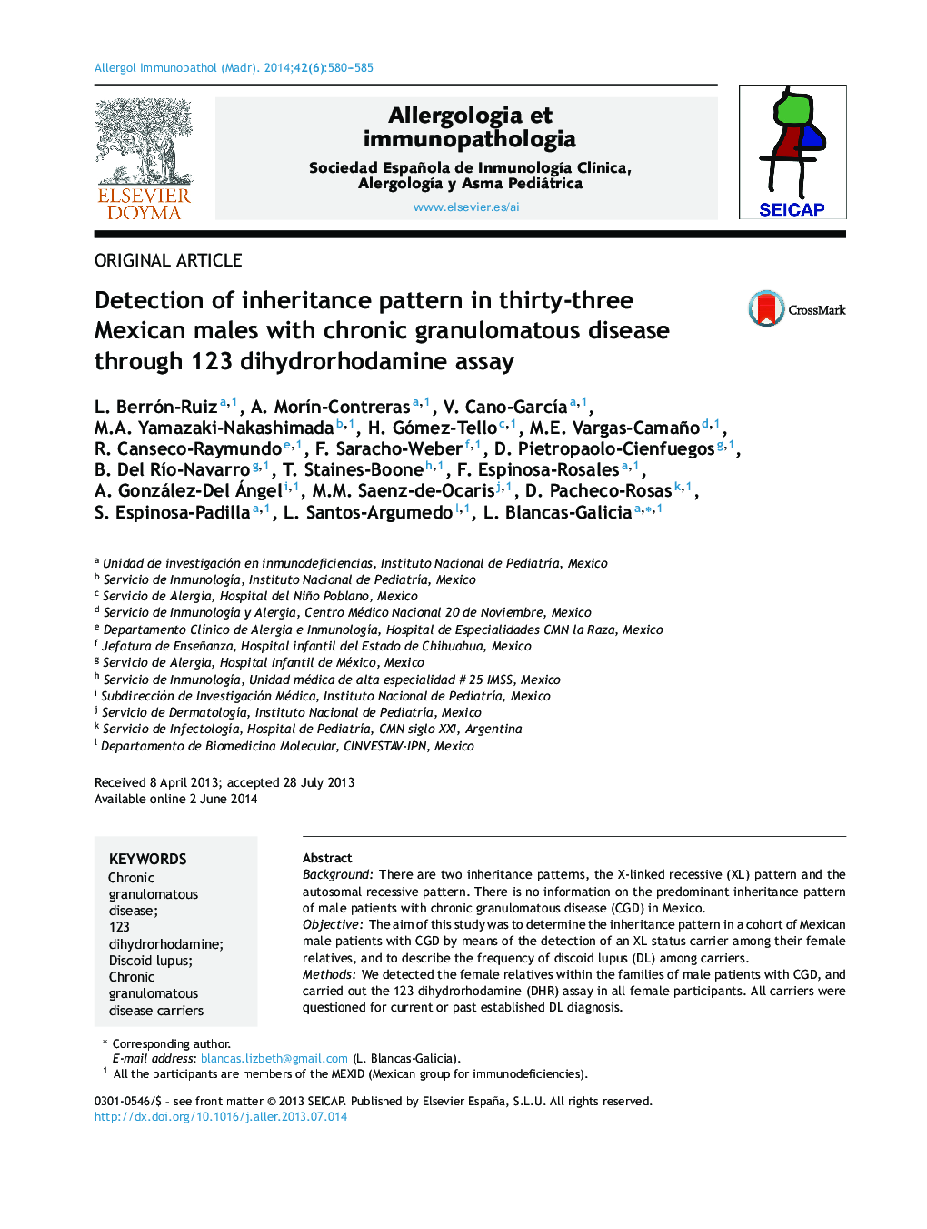 Detection of inheritance pattern in thirty-three Mexican males with chronic granulomatous disease through 123 dihydrorhodamine assay