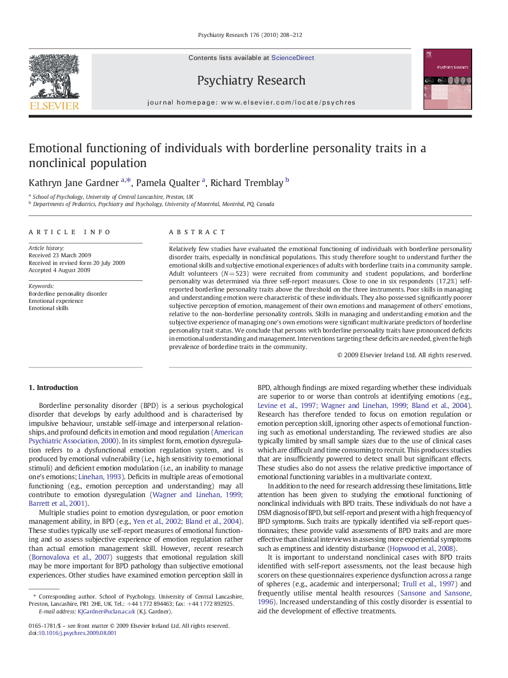 Emotional functioning of individuals with borderline personality traits in a nonclinical population